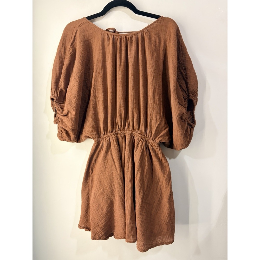 Aerie Gauze Mini Dress M Brown Balloon Sleeve Boho Cottagecore Babydoll